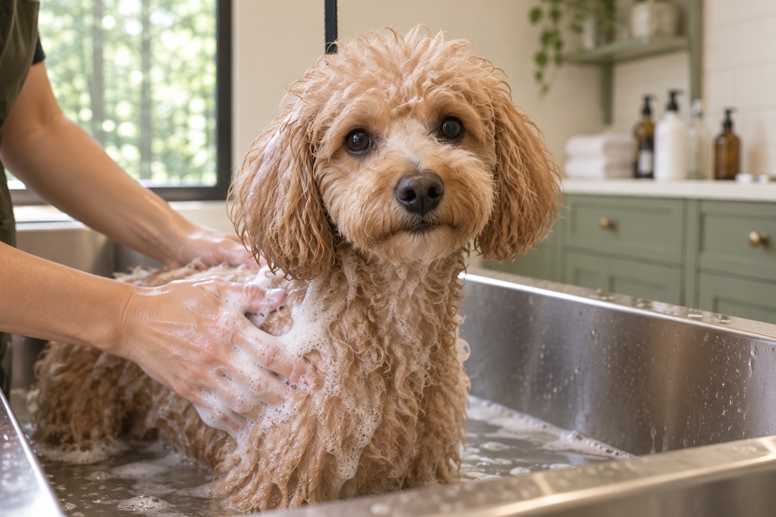 トリマーが犬をやさしくシャンプーしている様子